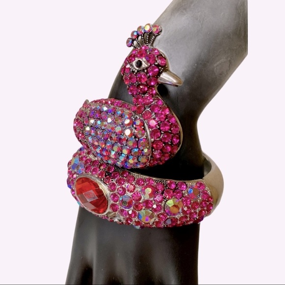 Bejeweled‎ Bedazzled embellished Rhinestone Pink Peacock metal cuff bracelet OS - Picture 1 of 12